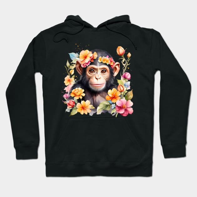 A baby chimpanzee decorated with beautiful watercolor flowers Hoodie by CreativeSparkzz